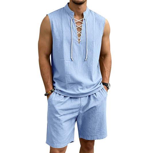 🌴 50% RABATT NU!👕 Herr Linne Ärmlös Set – Top & Shorts med Snörning – Sommar Essential 🌊