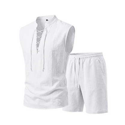 🌴 50% RABATT NU!👕 Herr Linne Ärmlös Set – Top & Shorts med Snörning – Sommar Essential 🌊