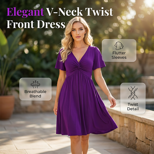 👗 50% RABATT NU! ✨ Elegant V-ringad Klänning med Vriden Front & Fickor – Smickrande & Bekväm – Perfekt för Alla Tillfällen 🌸