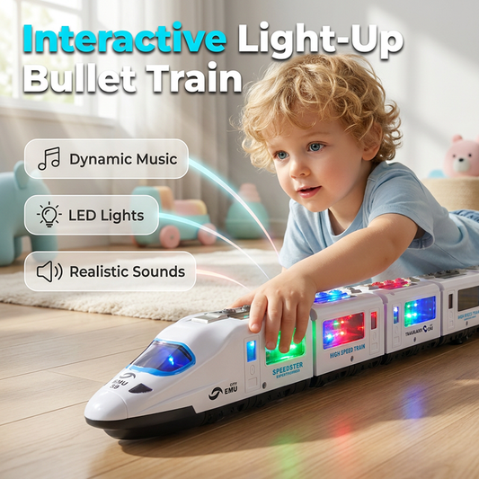 🚄 50% RABATT NU! 🎵 Elektrisk Bullet Train Leksak – Lyser, Bump & Go med Musik – Interaktiva Ljus & Ljud – Smart Hindernavigering ✨