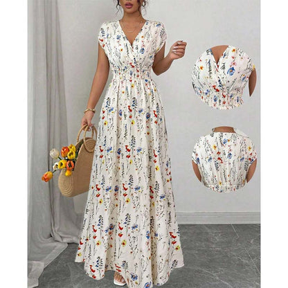 👗 50% RABATT NU!🌸 Blommig V-ringad Maxiklänning – Elegant Rynkad Midja & Premium Tyg – Sommar Essential ✨