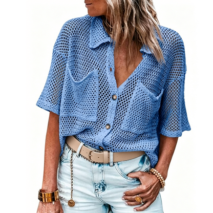 👚 50% RABATT NU!🌬️ Kortärmad Stickad Knappskjorta – Andningsbar Vävnad & Relaxad Passform – Sommarlager ☀️