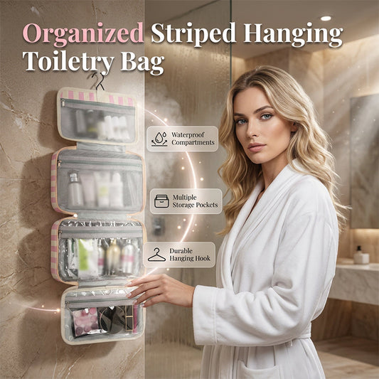 🧳 50% RABATT NU! 🚿 Randig Hängande Resväska för Toalettartiklar – 4 Fack & Vattenresistent – Perfekt för Resan 🌸