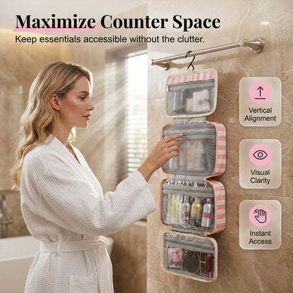 🧳 50% RABATT NU! 🚿 Randig Hängande Resväska för Toalettartiklar – 4 Fack & Vattenresistent – Perfekt för Resan 🌸