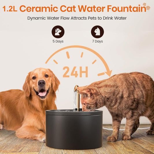 🐱 50% RABATT NU! 💧 Keramisk Vattenfontän för Husdjur med Kran – Färskt Rinnande Vatten, 1,2L Kapacitet & Ultraljudstyst – Förhindar Kattakne, Maskindiskbar ✨