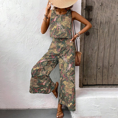 👗 50% RABATT NU! 🌸 Kvinnors Mönstrat 2-delat Semesterset – Ärmlös Topp + Vida Byxor – Luftigt, Andningsbart & Ansträngningslöst Stilrent ✨