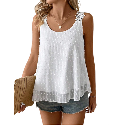 👚 50% RABATT NU!🎀 Elegant prickig spets topp – Andningsbar chiffong & Lös passform – Sommar Essential 🌸