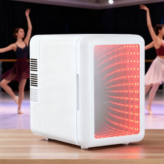 🧊 50% RABATT NU!🌡️ Liten Kylskåp med Dimbar LED-ljus – Varm & Kall Läge & Infinity Spegel – Tech Essential 🔌