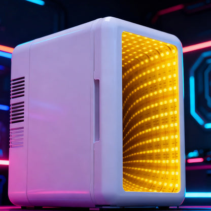 🧊 50% RABATT NU!🌡️ Liten Kylskåp med Dimbar LED-ljus – Varm & Kall Läge & Infinity Spegel – Tech Essential 🔌