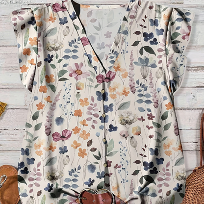 👚 50 % RABATT NU! 🌸 Dam V-ringad blommig knappskjorta – lätt & luftig, avslappnad passform, perfekt för jobb, helg & varma dagar ✨