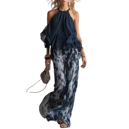 👗 50% RABATT NU! 🌴 Elegant Halterneck Tvådelat Set med Vida Ben i Chiffong – Lätt & Andningsbart – Perfekt för Semestern ✨