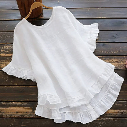 👚 50% RABATT NU! 🍃 Kvinnors Ruffle Blus – Bomull Linneblend, Rund Hals & Lös Passform – Flörtiga Ruffle, Luftigt & Elegant ☁️