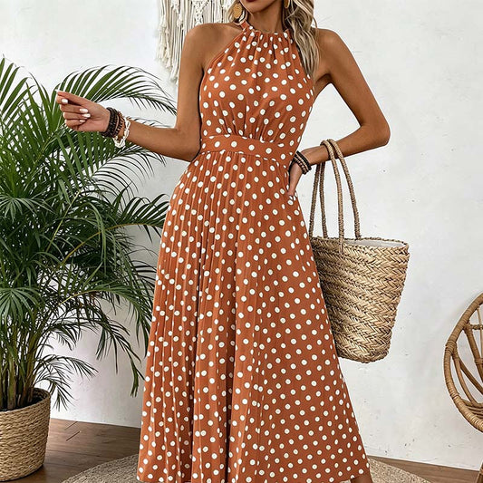 👗 50% RABATT NU! 🍊 Retro Polka Dot Halterklänning – Flödande Plissé Kjol & Hög Midja – Smickrande & Luftig 🍋