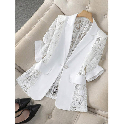 👔 50% RABATT NU! 🌸 Vit Spetsblazer – Slim Fit, 3/4 Ärm & Elegant Övergång – Genomskinliga Blommiga Spetspaneler, Skräddarsydd Silhuett ✨