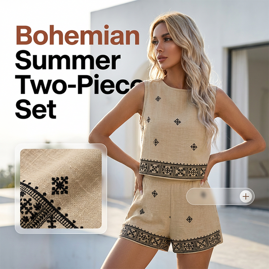 🌺 50% RABATT NU! 🏝️ Bohemian Topp & Shorts Set – Andningsbar Linneblend, Geometriskt Tryck & Högmidjade Shorts – Semesterredo ☀️
