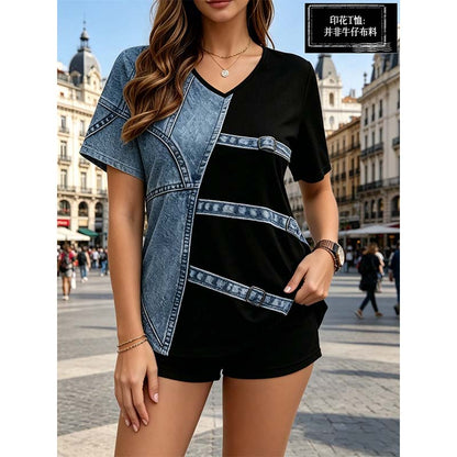 👕 50% RABATT NU! 🎨 Denim Tryckt V-ringad T-shirt – Mjuk, Andningsbar & Enkel Stil – Realistisk Denimlook, Ultrasoft Känsla, Blekningsbeständigt 🏖️
