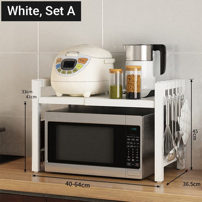 🍳 50% RABATT NU! 🛠️ Utrymmesbesparande Mikrovågsugnsställning – Justerbar Design, 75 kg Bärkapacitet & Flyttbara Krokar ✨