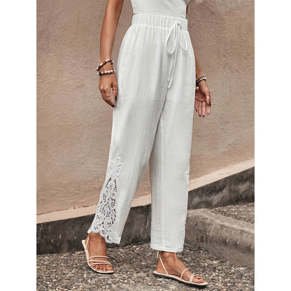 👖 50% RABATT NU! 🧶 Kvinnors Vida Byxor – Andningsbar Bomullsblandning, Spetsvirkad Sidsöm & Dragsko Midja – Avslappnad Passform, Feminin Detalj 🌿