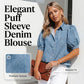 👚 50% RABATT NU! 💙 Kvinnors Puffärm Denimblus – Knäppning, Krage & Lättvikt – Andningsbar Bomullsblandning, Romantisk Volym & Vardagscharm ✨
