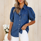 👚 50% RABATT NU! 💙 Kvinnors Puffärm Denimblus – Knäppning, Krage & Lättvikt – Andningsbar Bomullsblandning, Romantisk Volym & Vardagscharm ✨