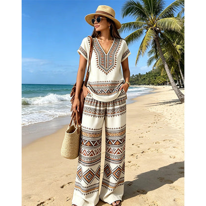👚 50% RABATT NU! 🌺 Kvinnors Tryckt Topp & Byxor 2-delat Set – Andningsbar Boho-stil & Avslappnad Passform – Enkel Sommar- & Reseoutfit 🏖️