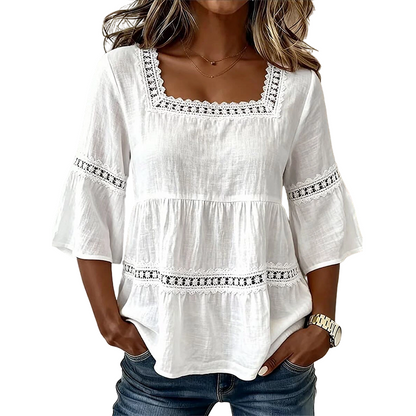 👚 50% RABATT NU! 🌼 Fyrkantig Hals Boho-blus – Virkad Spets, Klockärmar & Lagrad Flöde – Luftig & Elegant 🌿