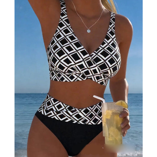 🏖️ 50% RABATT NU! 👙 Tvådelad Bikini med Hög Midja – Geometriskt Mönster & V-ringad – Perfekt för Strand, Pool & Semester ☀️