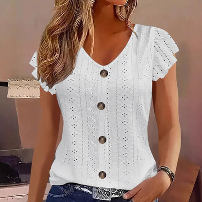 👚 50% RABATT NU! 🌸 Damernas Sommar V-ringad Broderad Top – Jacquardtyg & Ruffelärmar – Andningsbar Elegans ☀️