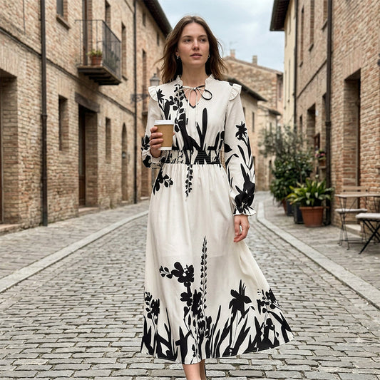 👗 50% RABATT NU! 🌸 Damernas Eleganta Blommiga Maxiklänning – V-ringning med Knäppning & Ruffelärmar – Romantisk Trädgårdsfeststil 🥂