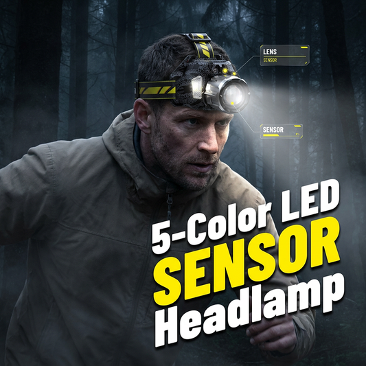 🔦 50 % RABATT NU! 🎣 Uppladdningsbar 5-färgad LED-pannlampa – rörelsesensor & fiske/UV-läge – perfekt för friluftsliv och nattfiske 🌙