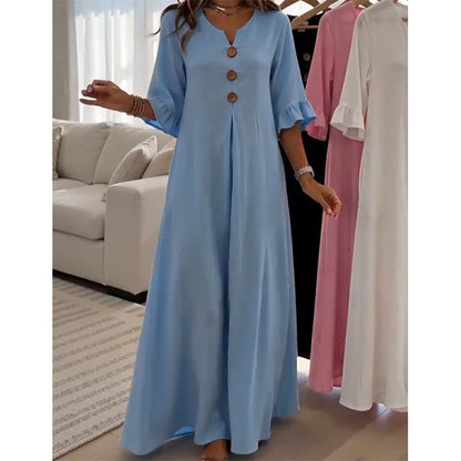 👗 50% RABATT NU! ✨ Maxiklänning med V-ringning – Ledig Passform & Flödande Fall – Perfekt för Dag till Kväll 🌸