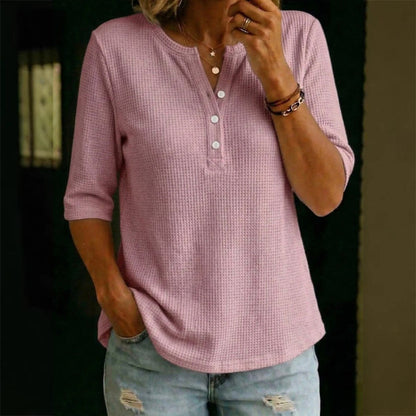 👚 50% RABATT NU! ✨ Damtopp i Andningsbar Vaffelstickad Trikå – V-ringning & Mjuk Kvalité – Perfekt för Sommaren ☀️