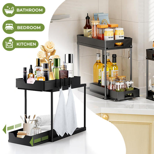 🛁 50% RABATT NU! ✨ 2-Tier Sliding Under Sink Organizer – Praktisk & Utrymmesbesparande för Badrummet 🚿