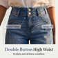 👖 50% RABATT NU! 🌞 Dam Casual Sträckbara Jeansshorts – Hög Midja & Dubbelknapp – Perfekt för Sommaren – Stretchig & Bekväm ✨