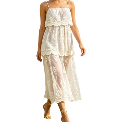 👗 50% RABATT NU! ✨ Damklänning i Elegant Vit Spets med Smala Band & Maxilängd – Romantisk & Lätt – Perfekt för Strand, Bröllop & Sommarfester 🌸