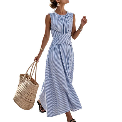 👗 50 % RABATT NU! 🌊 Randig ärmlös maxiklänning för kvinnor – midjeband, ledig stil & perfekt för sommaren ✨