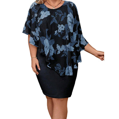 👗 50% RABATT NU! 🌸 Women's Floral Print Cape Bodycon Dress – Elegant Cape Overlay & Bodycon Fit – Perfekt för Bröllop, Fester & Speciella Tillfällen ✨
