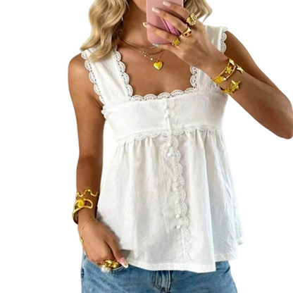 👚 50% RABATT NU! 🌸 Women's Vintage Square Neck Sleeveless Top – Delikat Spets & Sval Komfort – Perfekt för Sommar, Brunch & Semester – Mjuk & Andningsbar ☀️