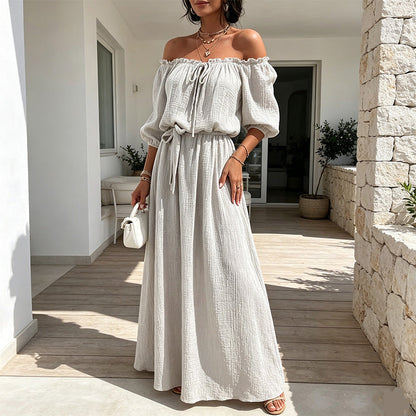 👗 50% RABATT NU! 🌊 Off‑Shoulder Maxiklänning med Midjeknut – Justerbar & Andningsbar – Perfekt för Dag till Kväll ☀️