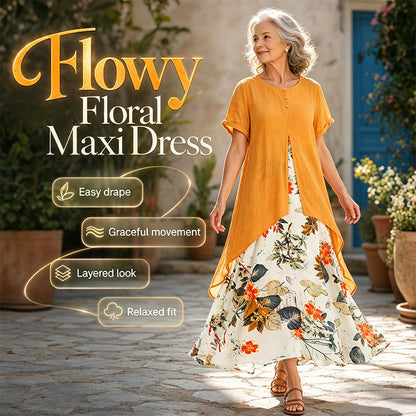 👗 50 % RABATT NU! 🌸 Casualklänning med blommönster i lager-på-lager-stil – tvådelad look, ledig passform & asymmetrisk fåll – perfekt för semester ✨