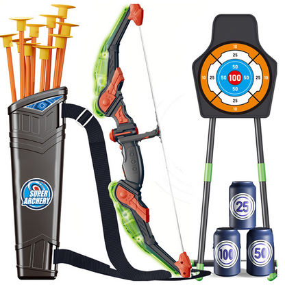 🏹 50 % RABATT NU! ✨ Kids bow and arrow archery toy set – LED-ljus, mjuka sugkoppspilar & justerbart pilkoger – perfekt för aktiva barn 🎯