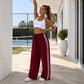 👖 50 % RABATT NU! 🌸 Dambyxor med vida ben – mjukt fall, hög midja & sportig sidorand – perfekt för yoga, resor och vardag 🧘‍♀️