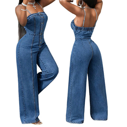 👗 50 % RABATT NU! 🌊 Kvinnors jeansoverall med spaghettiband och vida ben – chic, rörlig & perfekt för sommaren – vintagecharm möter modern stil ☀️