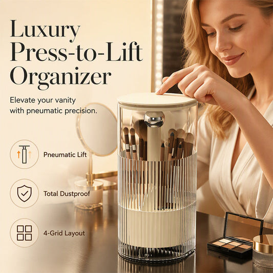 💄 50 % RABATT NU! 🧹 Elegant dammsäker sminkborste-organisatör – tryck-upp förvaring, flera fack & skyddslock – perfekt för toalettbordet 💅