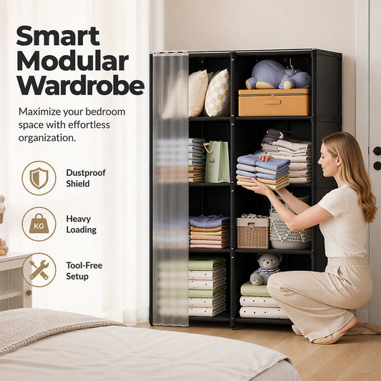 🗄️ 50 % RABATT NU! 🧺 Multi-tier space-saving dustproof wardrobe – smart moduldesign, kraftiga stålrör & fullt dammsskydd – perfekt för sovrum och studentrum 🏠