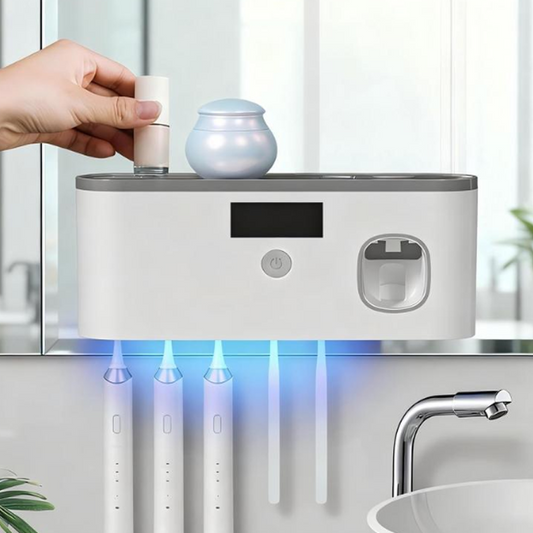 🧴 50 % RABATT NU! 🛡️ Hygienic family toothbrush station with UV light – UV-C sterilisering, automatisk tandkrämsdispenser & borrfri installation – perfekt för badrummet 🏠