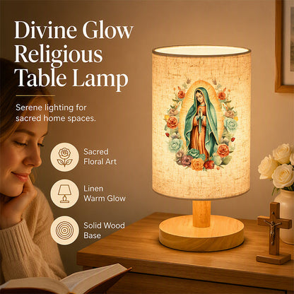 🕯️ 50 % RABATT NU! ✨ Bordslampa i trä med Jungfru Maria-mönster – handgjord, mjukt ljus & helig konst – perfekt för bön och avkoppling 🌹
