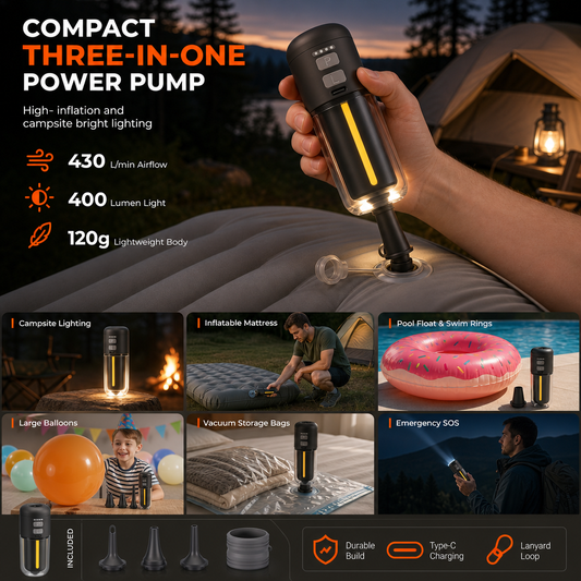 🏕️ 50 % RABATT NU! 💨 Portabel utomhusluftpump med nödljus & SOS – 3-i-1 för poolringar, båtar & madrasser ✨