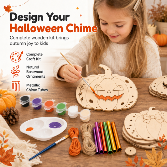 🎃 50 % RABATT NU! 🖌️ Halloween-DIY-kit i trä med pumpor – målning, vindspel & kreativt skapande för hela familjen ✨