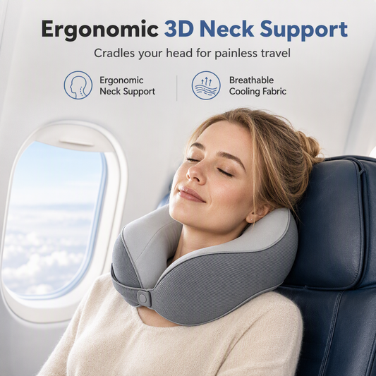 ✈️ 50 % RABATT NU! 🛌 U-formad resekudde i memory foam – svalkande issilke & magnetspänne för nacken ✨